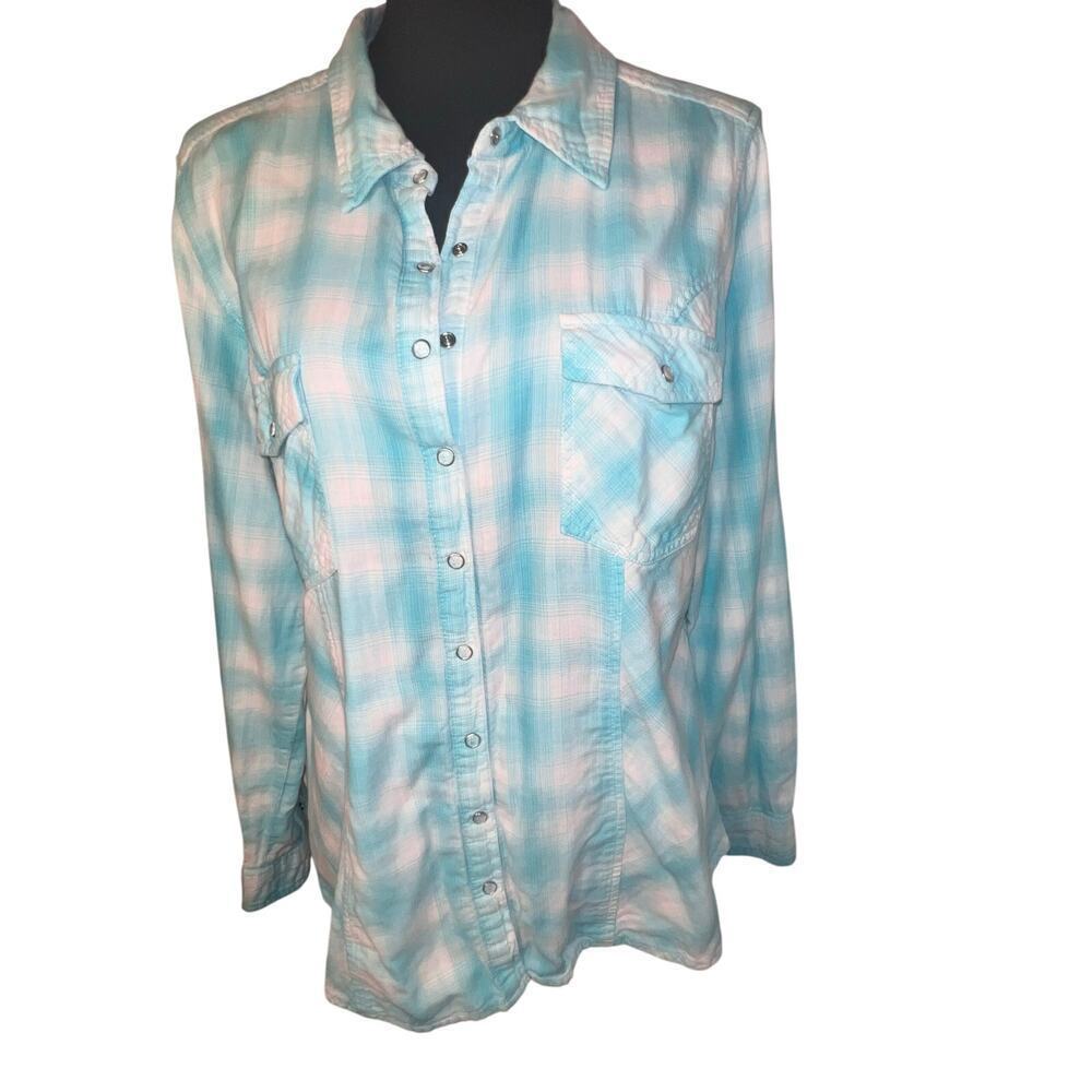 Style&CoWomens XL pastel plaid snap Western coastal cowgirl‎ flannel blouse
￼
